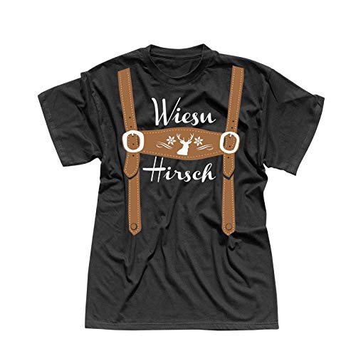 T-Shirt Oktoberfest Wiesn Hirsch Lederhose Kostüm Tracht 13 Farben Herren XS-5XL München Wiesn Festzelt O'zapft Maß Krug Dirndel, Größe:2XL, Farbe:schwarz - Logo Weiss von Jimmys Textilfactory