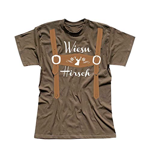 T-Shirt Oktoberfest Wiesn Hirsch Lederhose Kostüm Tracht 13 Farben Herren XS-5XL München Wiesn Festzelt O'zapft Maß Krug Dirndel, Größe:3XL, Farbe:Khaki - Logo Weiss von Jimmys Textilfactory