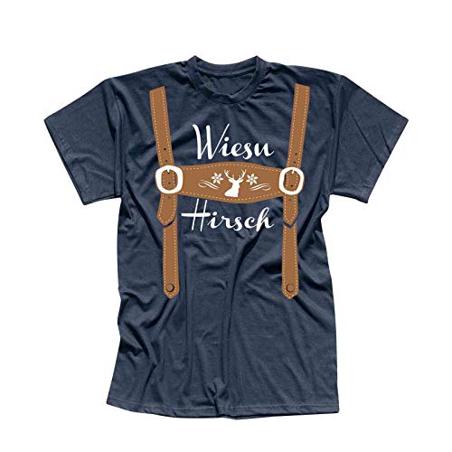 T-Shirt Oktoberfest Wiesn Hirsch Lederhose Kostüm Tracht 13 Farben Herren XS-5XL München Wiesn Festzelt O'zapft Maß Krug Dirndel, Größe:3XL, Farbe:Navy - Logo Weiss von Jimmys Textilfactory