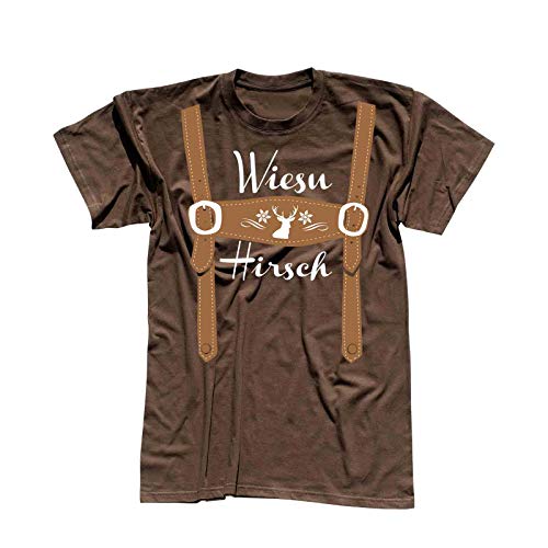 T-Shirt Oktoberfest Wiesn Hirsch Lederhose Kostüm Tracht 13 Farben Herren XS-5XL München Wiesn Festzelt O'zapft Maß Krug Dirndel, Größe:5XL, Farbe:braun - Logo Weiss von Jimmys Textilfactory