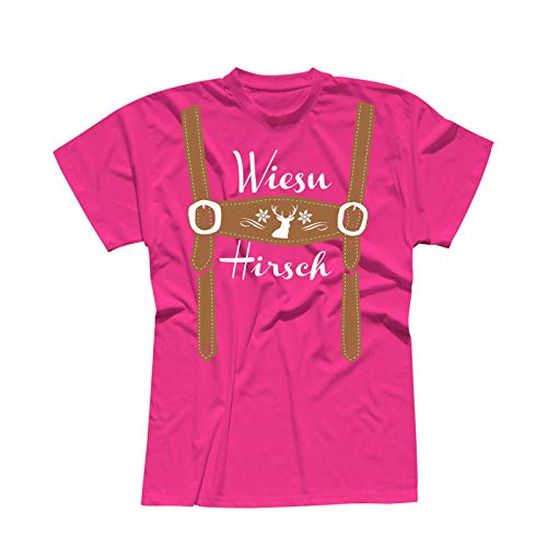 T-Shirt Oktoberfest Wiesn Hirsch Lederhose Kostüm Tracht 13 Farben Herren XS-5XL München Wiesn Festzelt O'zapft Maß Krug Dirndel, Größe:5XL, Farbe:pink - Logo Weiss von Jimmys Textilfactory