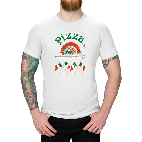 Jimmys Textilfactory T-Shirt Pizzeria Pizza-Lovers Karneval Fun-Shirt Party 13 Farben Herren XS - 5XL Fasching Verkleidung Italien Pizzabäcker lustig kreativ, Größe: M, Farbe: Weiss von Jimmys Textilfactory