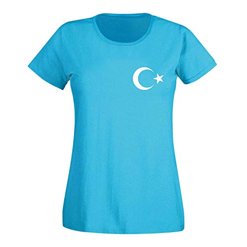 T-Shirt Türkei Türkiye Turkey Istanbul Antalya Fahne 15 Farben Damen XS - 3XL National Flagge Ankara Atatürk Süleymaniye-Moschee, Größe:L, Farbe/Logogröße:Azure - Logo Weiss/Brust Herz von Jimmys Textilfactory