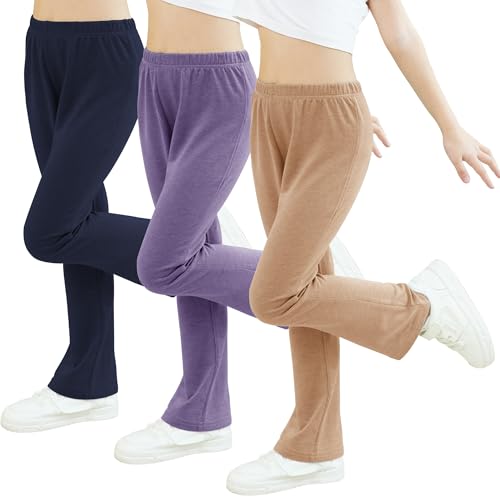 Jimonda 3er Pack Leggings Mädchen Schlaghose Lange Sporthose Flared Weiche Sportsleggins Kinder Elastisch Tanzen Hosen,Dunkelblau/Lila/Khaki 4-5J von Jimonda
