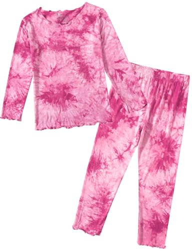 Jimonda Schlafanzug Mädchen Langarm Zweiteilig Pyjama Set Weich Kinder Nachtwäsche Batikdruck Schlafanzüge für Mädchen,Rosenrot 128 von Jimonda
