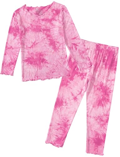 Jimonda Schlafanzug Mädchen Langarm Zweiteilig Pyjama Set Weich Kinder Nachtwäsche Batikdruck Schlafanzüge für Mädchen,Rosa 152 von Jimonda