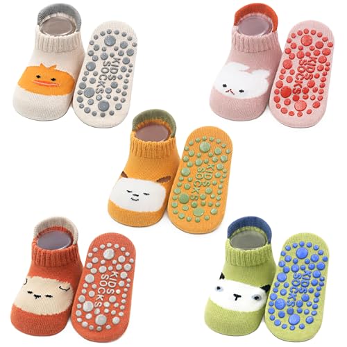 JinBei 5 Paar Kleinkind Stoppersocken Rutschfeste Hausschuhsocken Baumwolle Bodensocken ABS Cartoon Antirutschsocken with Tiermotive Süße Socken für 1-3 Jahre Jungen Mädchen, Gr.26-32 von JinBei