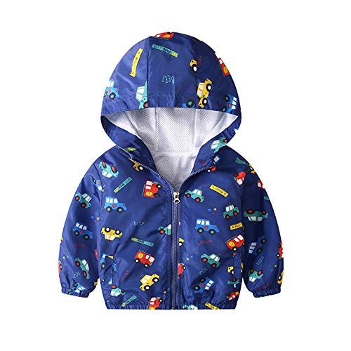 JinBei Baby Junge Jacke Kinder Jacken Kapuzen Sweatjacke Blau Kapuzenjacke Cartoon Auto Aufdruck Jungen Winddicht Mantel Windjacke Übergangsjack Frühling Outwear Softshell 2-3 Jahre von JinBei