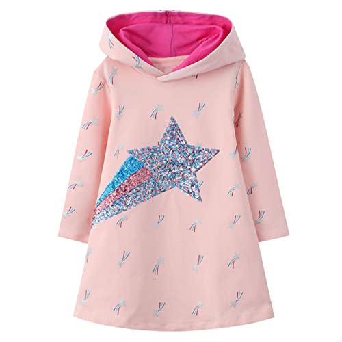 JinBei Baby Mädchen Kapuzenkleid, Kinder Langarm Kapuzenpullover Baumwolle Pailletten Rosa Sterne Pullover Hoodie Sweatshirt Kleid Freizeit Tops Herbst Winter Frühling Pulloverkleid, 2-3 Jahre von JinBei