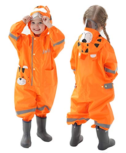 JinBei Baby Mädchen Regenjacken Kinder Regenmantel mit Kapuze Overall Orange Tiger Regenanzug Atmungsaktiv Matschanzug Leicht Regenfestes Regencape Regenkleidung Mit Reflektierenden Streifen 2-3 Jahre von JinBei