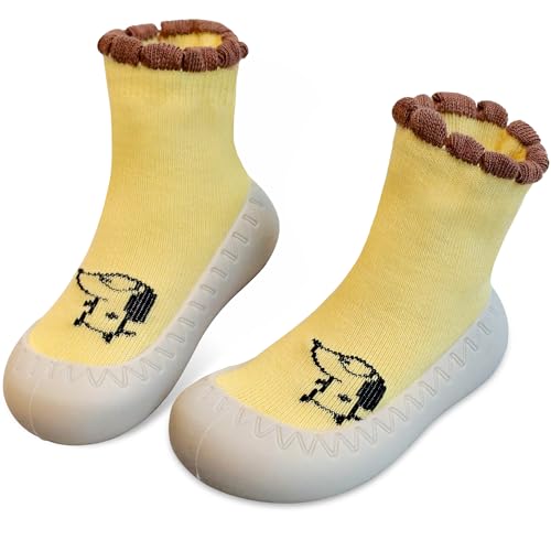 JinBei Baby Sockenschuhe Krabbelsocken Antirutschsocken Gummisohle Baumwolle Lauflernschuhe Hausschuhe Socken Stricken Gelb Hundemuster Weicher Hausschuhsocken Mädchen Junge 6-12 Monate von JinBei