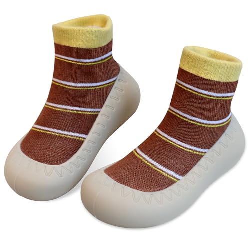 JinBei Baby Sockenschuhe Krabbelsocken Antirutschsocken Gummisohle Lauflernschuhe Hausschuhe Socken Baumwolle Stricken Weicher Hausschuhsocken Unisex 18-24 Monate Braun-Streifen von JinBei