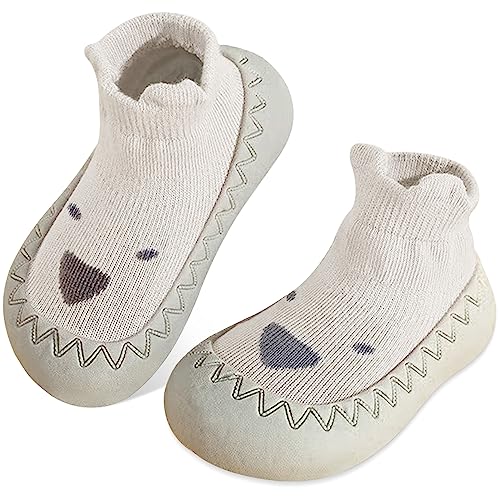 JinBei Baby Sockenschuhe Rutschfeste Babybodenschuhe Gummisohle Draußen Lauflernschuhe Süße Kleinkind Weicher Sohle Hüttenschuhe Antirutsch Beige Stopper Krabbelschuhe für Jungen Mädchen,12-18 Monate von JinBei