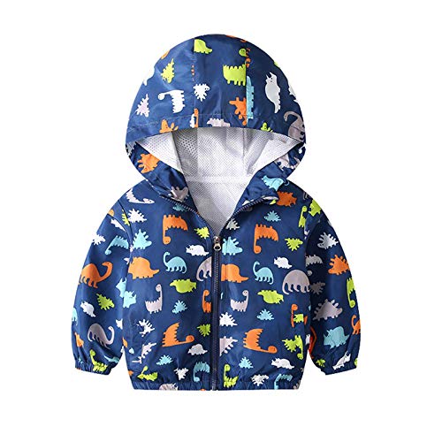 JinBei Jacke Baby Junge Kinder Dinosaurier Jacken Kapuzen Sweatjacke Kapuzenjacke Cartoon Jungen Winddicht Blau Mantel Windjacke Übergangsjack Frühling Herbst Outwear Softshell Regenjacken 1-2 Jahre von JinBei