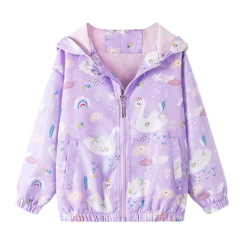 JinBei Jacken für Mädchen Kapuzen Mantel Sweatjacke Winddicht Jacke Windjacke Lila Schwan Tiere Aufdruck Übergangsjack Frühling Herbst Outwear Sport Softshelljacke, Gr.92-98 von JinBei