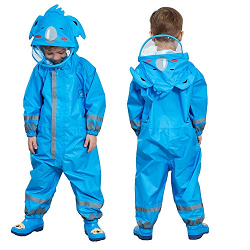 JinBei Kinder Matschanzüge Jungen Regenmantel Regenanzug für ein Kind Regenjacke mit Kapuze Gefüttert Tasche Set Regen Overall Wasserdicht Atmungsaktiv Matschanzüge 5-7 Jahre, Blau Koala Muster von JinBei