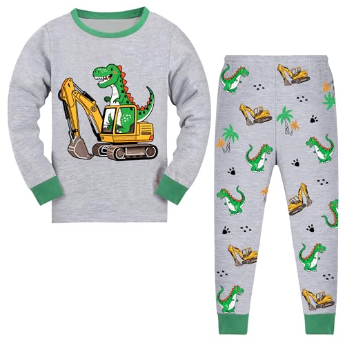 JinBei Jungen Schlafanzug Langarm Kinder Baumwolle Pyjama Set Bequem Grau Dinosauriermuster T-Shirt und Hose 2 Teiler Weich Lang Nachtwäsche Zweiteiliger Kleidung Pyjamaset, GR. 98-104 von JinBei