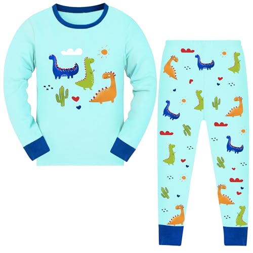 JinBei Jungen Schlafanzug Langarm Kinder Baumwolle Pyjamaset Bequem Blau Dinosauriermuster Pyjama Set T-Shirt und Hose Weich Lang Nachtwäsche Zweiteiliger Hauskleidung, GR. 92-98 von JinBei