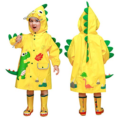 JinBei Baby Junge Regenjacke Kinder Regenmantel Dinosaurier 3D Gelb Regen Leicht Slicker Cute Regenponcho Regencape Matschanzug Regenanzug Cartoon Regenbekleidung Reflektierender Streifen 2-3 Jahre von JinBei