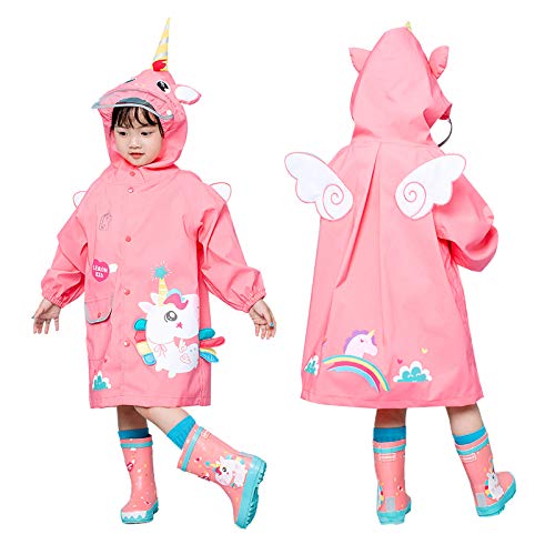 JinBei Regenmantel Kinder mit Kapuze Regenjacke Mädchen Einhorn 3D Rosa Regen Leicht Slicker Regenponcho Regencape Matschanzug Regenanzug Cartoon Regenbekleidung Reflektierender Streifen 4-6 Jahre von JinBei