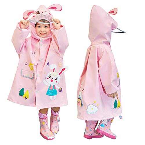 JinBei Regenmantel Kinder mit Kapuze Mädchen Regenjacke 3D Hase Rosa Regen Leicht Cute Regenponcho Regencape Matschanzug Regenanzug Cartoon Regenbekleidung Reflektierender Streifen Schule 6-8 Jahre von JinBei