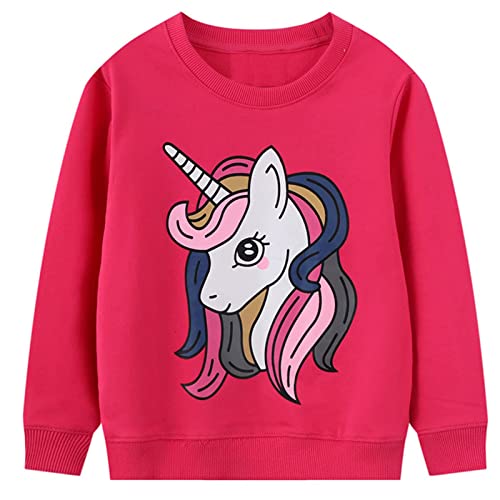 JinBei Kinder Pullover Sweatshirt für Mädchen Baumwolle Top Casual Pferd Jumper Kleinkind Rose Rot Einhorn Druck Langarmshirt Sweater, Herbst Winter Frühling Schule Täglich 5-6 Jahre alt von JinBei