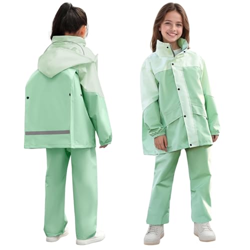 JinBei Kinder Regenanzug, Regenkleidung für Mädchen Jungen Leicht Zweiteiliger Anzug mit Reflektor Wasserdicht Regenjacke und Regenhose Transparenter Krempe Regenset Unisex 13-14 Jahre von JinBei