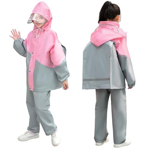 JinBei Kinder Regenanzug, Regenset für Mädchen Wasserdicht Leicht Regenjacke und Regenhose mit Reflektor Winddicht Regenkleidung Krempe Zweiteiliger Anzug für Schule Wandern, 8-9 Jahre von JinBei