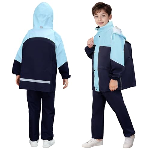 JinBei Kinder Regenanzug Wasserdicht Winddicht Regenjacke und Regenhose Leicht Regenmantel Zweiteiliger Anzug Regenset Jungen Regenkleidung mit Reflektor für Schule Wandern, 8-9 Jahre von JinBei