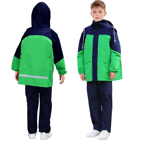 JinBei Kinder Regenanzug Wasserdicht Winddicht Regenjacke und Regenhose Leicht Regenmantel Zweiteiliger Anzug Regenset Jungen Regenkleidung mit Reflektor für Schule Wandern, 8-9 Jahre von JinBei