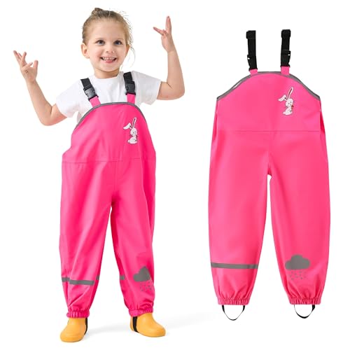 JinBei Kinder Regenhose Mädchen Matschhose wasserdichte Regenlatzhose Verstellbaren Riemen Leicht mit Reflektierenden Streifen Buddelhose Regenbekleidung Rosenrot, 6 Jahre, GR.122-128 von JinBei