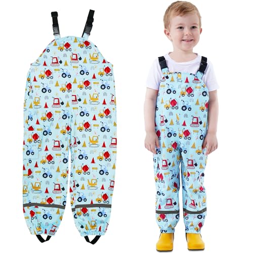 JinBei Kinder Regenhose Wasserdichte Jungen Winddicht Matschhose Hellblau Engineering Fahrzeuge Muster Verstellbaren Riemen Leicht mit Reflektierenden Streifen Tasche Sport Regen Hosen, GR.110-116 von JinBei