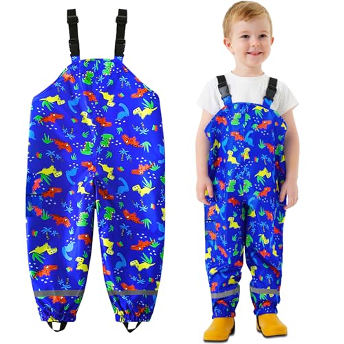JinBei Kinder Regenhose Wasserdichte Jungen Winddicht Ungefüttert Matschhose Blau Dinosaurier-Muster Verstellbaren Riemen Leicht mit Reflektierenden Streifen Tasche Kleinkind Regen Hosen, GR.98-104 von JinBei