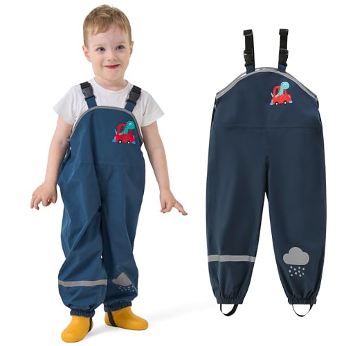 JinBei Kinder Regenhose wasserdichte Matschhose Jungen Leicht Regenlatzhose Ungefüttert Verstellbaren Riemen Buddelhose mit Reflektierenden Streifen Hosen Regenbekleidung Marineblau, GR. 122-128 von JinBei