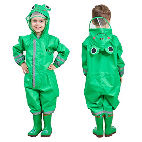 JinBei Matschanzüge Jungen, Kinder Regenmantel Regenanzug für ein Kind Regenjacke mit Kapuze Gefüttert Tasche Set Regen Overall Wasserdicht Atmungsaktiv Matschanzüge 5-7 Jahre, Grün Frosch Muster von JinBei