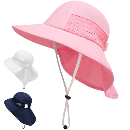 JinBei Kinder Sonnenhut, Sommerhut UV-Schutz 50+, Kleinkind Strandhut mit Nackenschutz und Breite Krempe, Rosa Mädchen Strand Mütze Atmungsaktiv Verstellbarem Sommermütze, 2-6 Jahre von JinBei