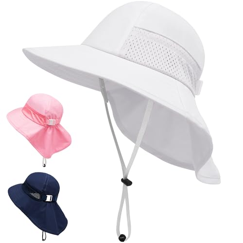 JinBei Kinder Sonnenhut, Sommerhut UV-Schutz 50+, Kleinkind Strandhut mit Nackenschutz und Breite Krempe, Weiß Jungen Mädchen Strand Mütze Atmungsaktiv Verstellbarem Sommermütze, 2-6 Jahre von JinBei