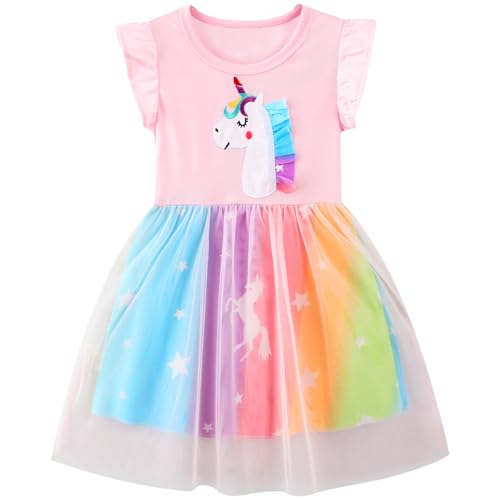 JinBei Kleid für Baby Mädchen Einhorn Kleider Kinder Regenbogen Tüll Rosa Baumwolle Armellos Sommer Cartoon Pferd Prinzessin T-Shirt Kleid Alter 2-3 Jahre von JinBei
