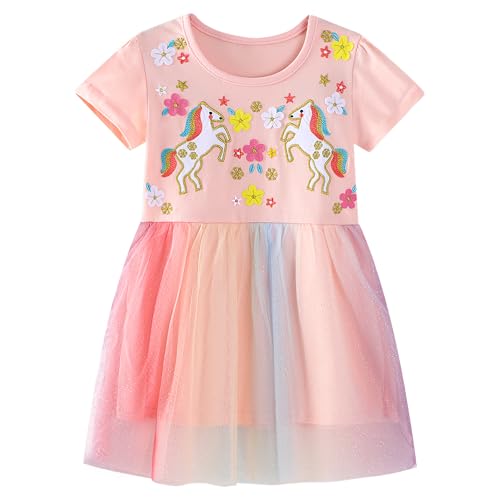 JinBei Kleid für Baby Mädchen Kleider Kinder Regenbogen Tüll Rosa Baumwolle Kurzarm Cartoon Pony kleine Blume Stickerei Sommer T-Shirt Kleid Alter 2-3 Jahre von JinBei