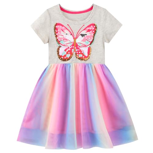 JinBei Kleid für Mädchen Kleider Kinder Regenbogen Tüll Grau Baumwolle Kurzarm Sommer Cartoon T-Shirt Kleid Alter 5-6 Jahre, Schmetterling Muster von JinBei
