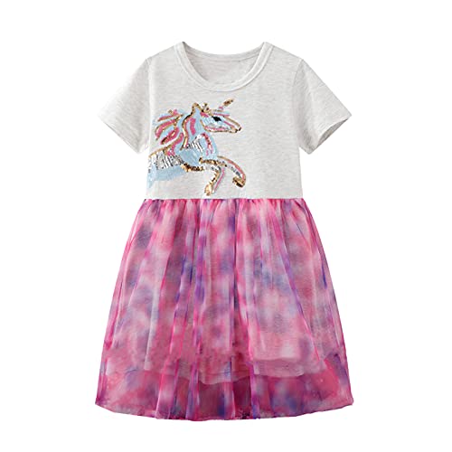 JinBei Kleider für Mädchen Pailletten Einhorn Tüll Kleid Kinder Baumwolle Kurzarm Sommer Cartoon Pferd T-Shirt Kleid Alter 6-7 Jahre, Lila Grau von JinBei