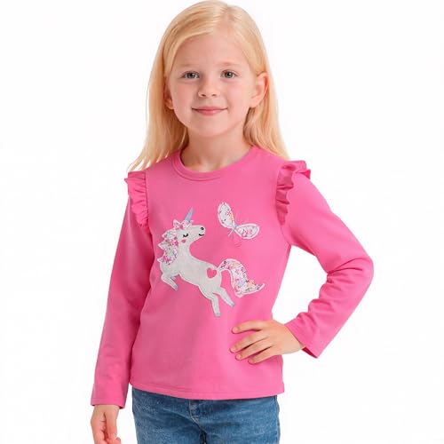 JinBei Langarmshirt Mädchen Baumwolle Kinder Longsleeve T-Shirt Oberteile Rundhals Tops Rüschenärmeln Pullover Shirt Pferd Mustern Kleidung Schul Freizeit Rosarot 5-6 Jahre, GR. 110-116 von JinBei