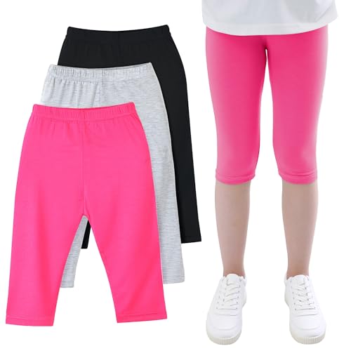 JinBei Mädchen Capri Leggings Sommer Kurz 3er-Pack Modal 3/4 Hosen Weich Caprihosen Weich Sporthose Sommerhose Radlerhosen Activewear Shorts 10-11 Jahre, GR. 140-146, Schwarz Hellgrau Rosa von JinBei