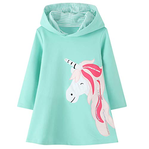 JinBei Mädchen Kapuzen Kleid Kinder Einhorn Pailletten Langarm Kapuzenpullover Baumwolle Freizeit Hoodie Pullover Sweatshirt Kleid Grün Tops Herbst 2-3 Jahre von JinBei