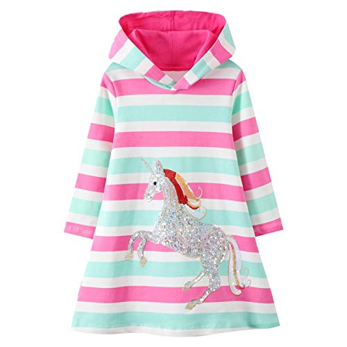 JinBei Mädchen Kapuzen Kleid Kinder Einhorn Streifen Pailletten Langarm Kapuzenpullover Baumwolle Freizeit Hoodies Pullover Sweatshirt Kleid Grün Tops Herbst 2-3 Jahre von JinBei