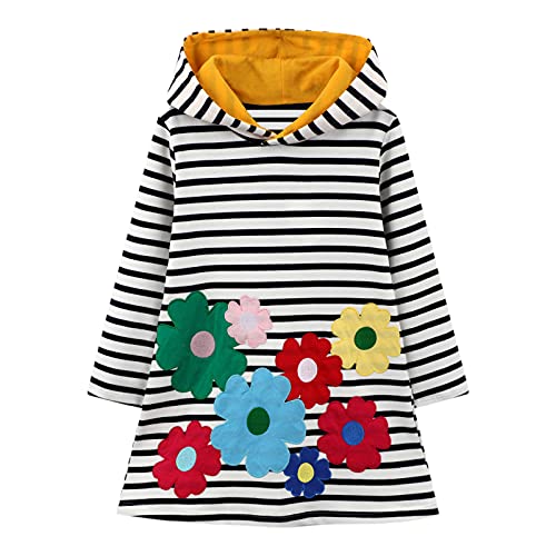 JinBei Mädchen Kapuzenkleid, Kinder Langarm Kapuzenpullover Baumwolle Blumen Pullover Hoodie Sweatshirt Streifen Kleid Freizeit Tops Herbst Winter Frühling Pulloverkleid, 3-4 Jahre von JinBei