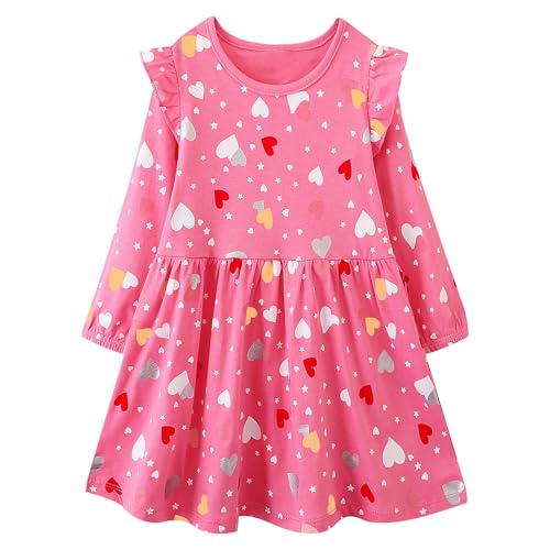 JinBei Mädchen Kleid Baumwolle Rüschen Lange Ärmel Lässige Niedlich Rot Sterne Herz Muster Kleidung Kinder Frühling Herbstkleid Party Festliches Prinzessin Festzug T-Shirt Kleider Gr.104-110, 4T von JinBei