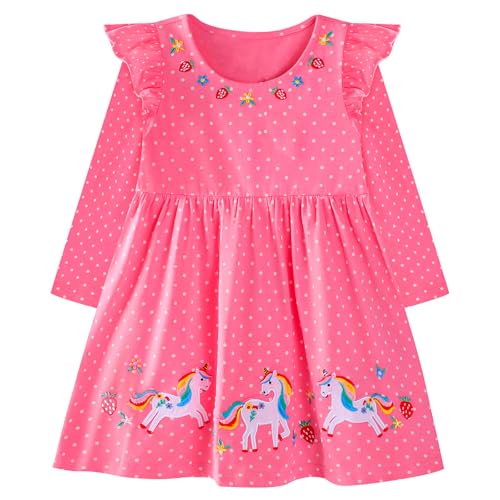 JinBei Mädchen Kleid Baumwolle Rundhals Rüschen Lange Ärmel Lässige Pferd und Blumen Cartoon-Applikationen Rosarot Kleidung Kinder Sommer Party Festliches Prinzessin A-Linie Kleider Gr. 122-128 von JinBei