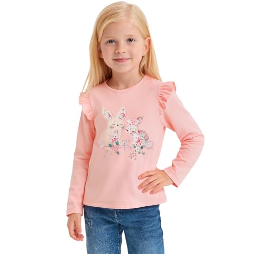 JinBei Mädchen Langarm T-Shirt Kinder Baumwolle Langarmshirt Rüschenärmeln Longsleeve Oberteile Rundhals Tops Shirt Kaninchen Mustern Kleidung Schul Freizeit Rosa 2-3 Jahre, GR. 92-98 von JinBei