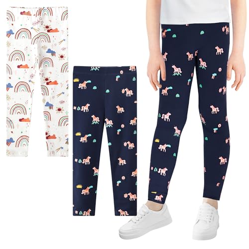 JinBei Mädchen Leggings 2er-Pack Baumwolle Lange Hosen Elastisch Atmungsaktiver Weiß-Marineblau Sportleggins mit Stickerei Pferde Muster Kinder Sporthose Aktivkleidung, GR. 110-116 von JinBei